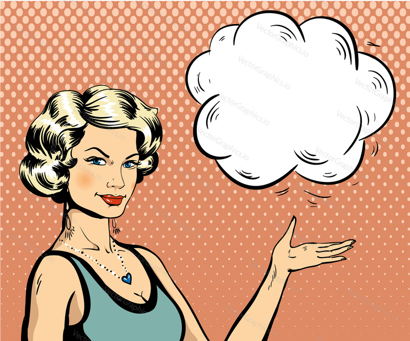 Woman with speech bubble in retro pop art style. Comic vector illustration.
