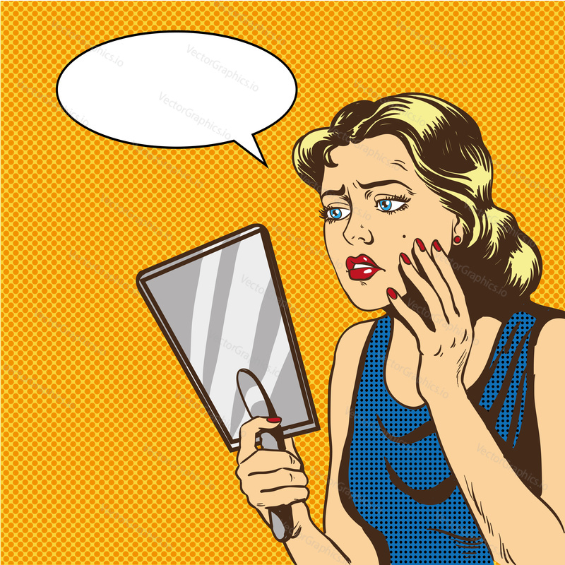 Woman looks at the mirror vector illustration in retro comic pop art style. Speech bubble.