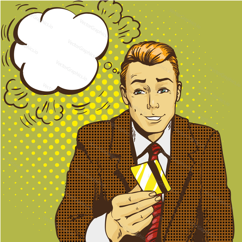 Man holding credit card vector illustration in retro pop art style. Shopping with bank cards concept.
