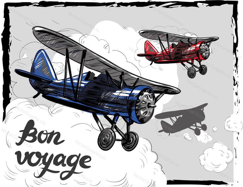 Umožňuje vektorovou ilustraci konceptu cestování. Retro plakát letadla. Starý model letadla letí na obloze pohlednice. Bon Voyage.