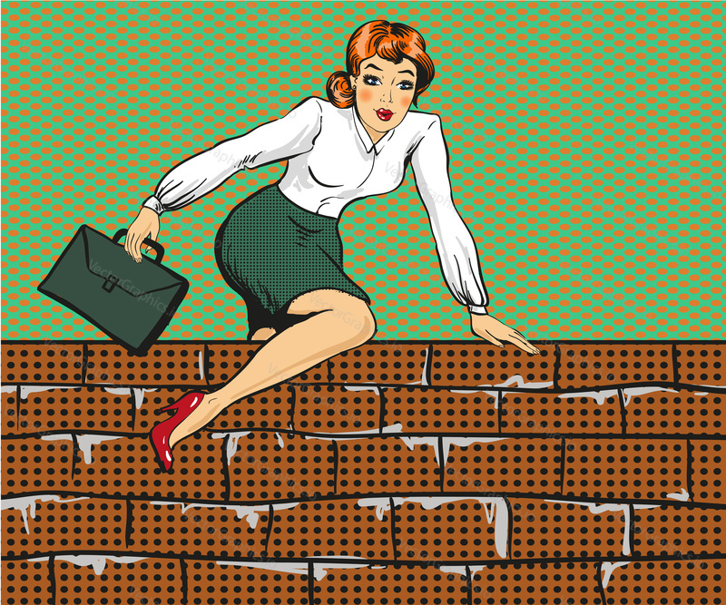 Vektorová ilustrace mladé ženy lezoucí přes plot nebo cihlovou zeď. Obchodní žena překonává výzvy koncept v retro pop art komickém stylu.