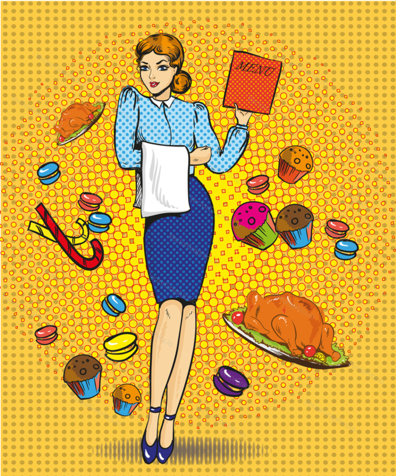 Vector illustration of beautiful woman with menu. Waitress character, sweets, pastry, roasted turkey in retro pop art comic style.