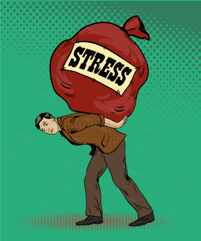Lidé ve stresových situacích koncept vektorové ilustrace v retro pop art stylu. Muž s velkou taškou se znamením stresu. Komický design.