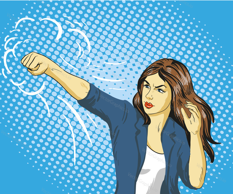 Young beautiful business woman punching and boxing. Concept vector poster in retro comic pop art style.