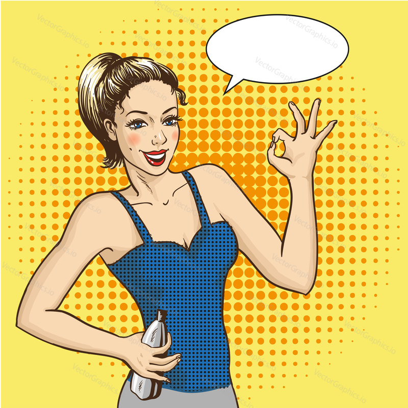 Žena se usmívá a ukazuje OK ruční znamení s řečovou bublinou. Vektorová ilustrace v retro komiksovém pop art stylu. Fitness dívka v dobré kondici s lahví vody.