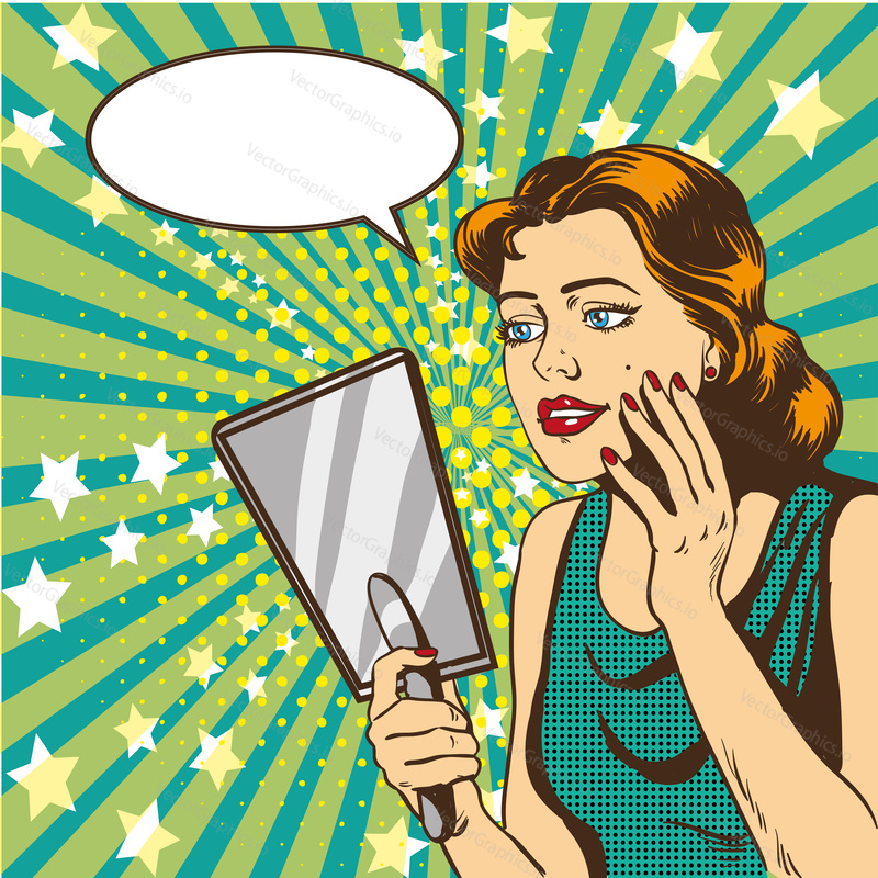 Woman looks at the mirror vector illustration in retro comic pop art style. Speech bubble.