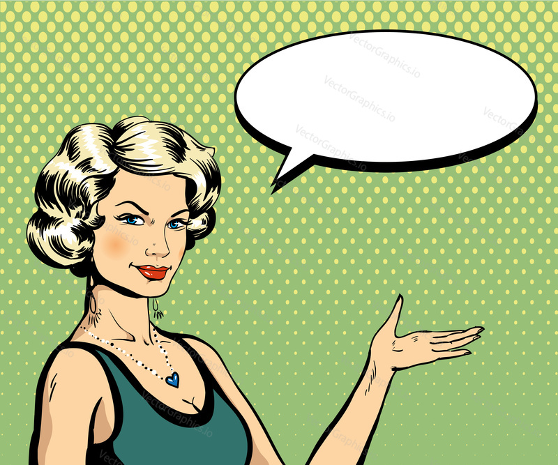 Woman with speech bubble in retro pop art style. Comic vector illustration.