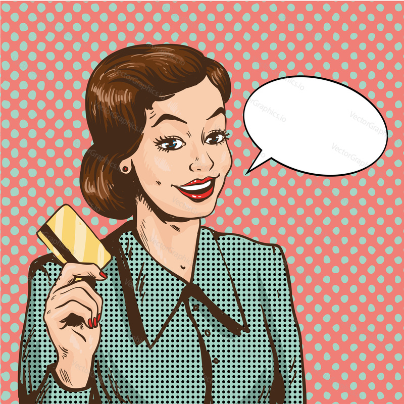 Woman holding credit card vector illustration in retro pop art style. Shopping with bank cards concept.