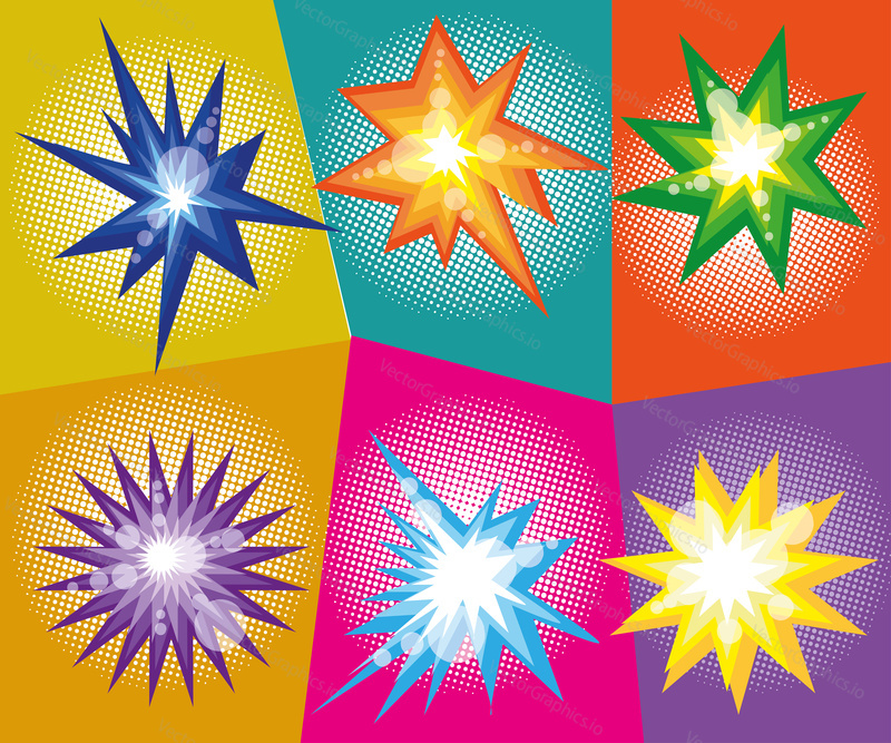 Vector set of abstract explosions in comic pop art style. Vector illustration. Design elements.