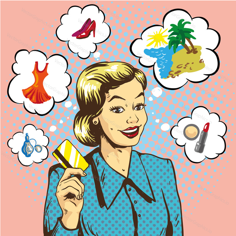 Woman holding credit card vector illustration in retro pop art style. Shopping with bank cards concept.