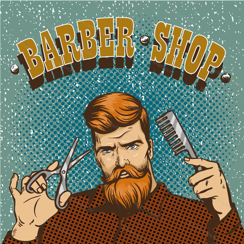 Barber shop poster vector illustration. Hipster barber stylist with scissors shop design in vintage pop art style.