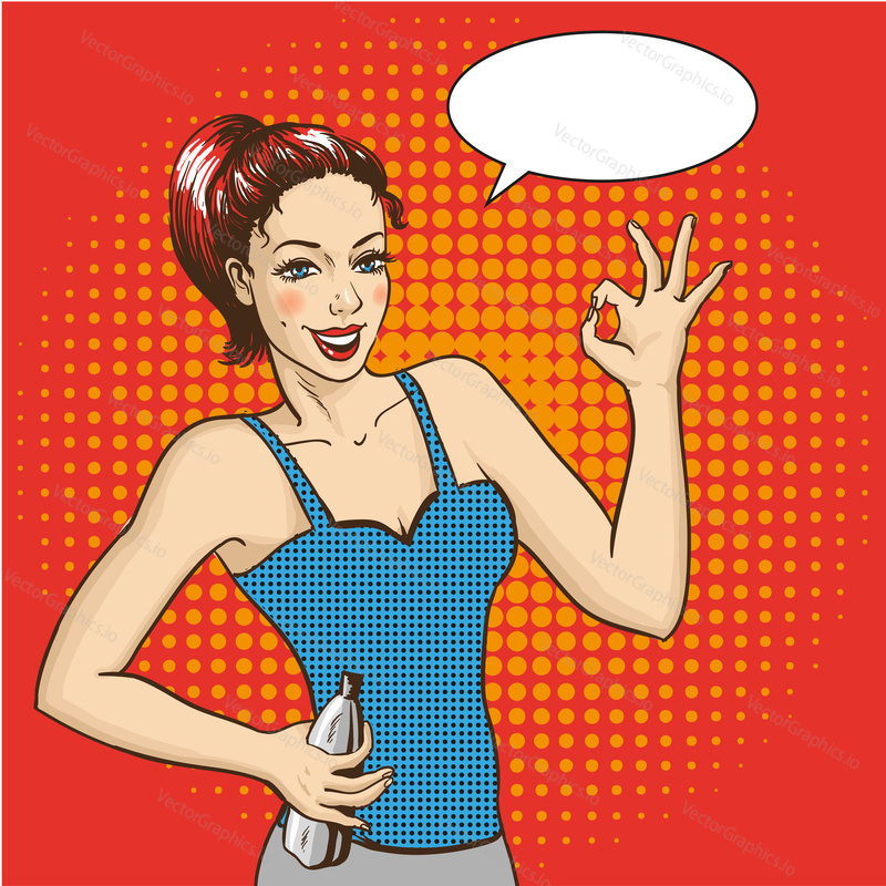 Žena se usmívá a ukazuje OK ruční znamení s řečovou bublinou. Vektorová ilustrace v retro komiksovém pop art stylu. Fitness dívka v dobré kondici s lahví vody.