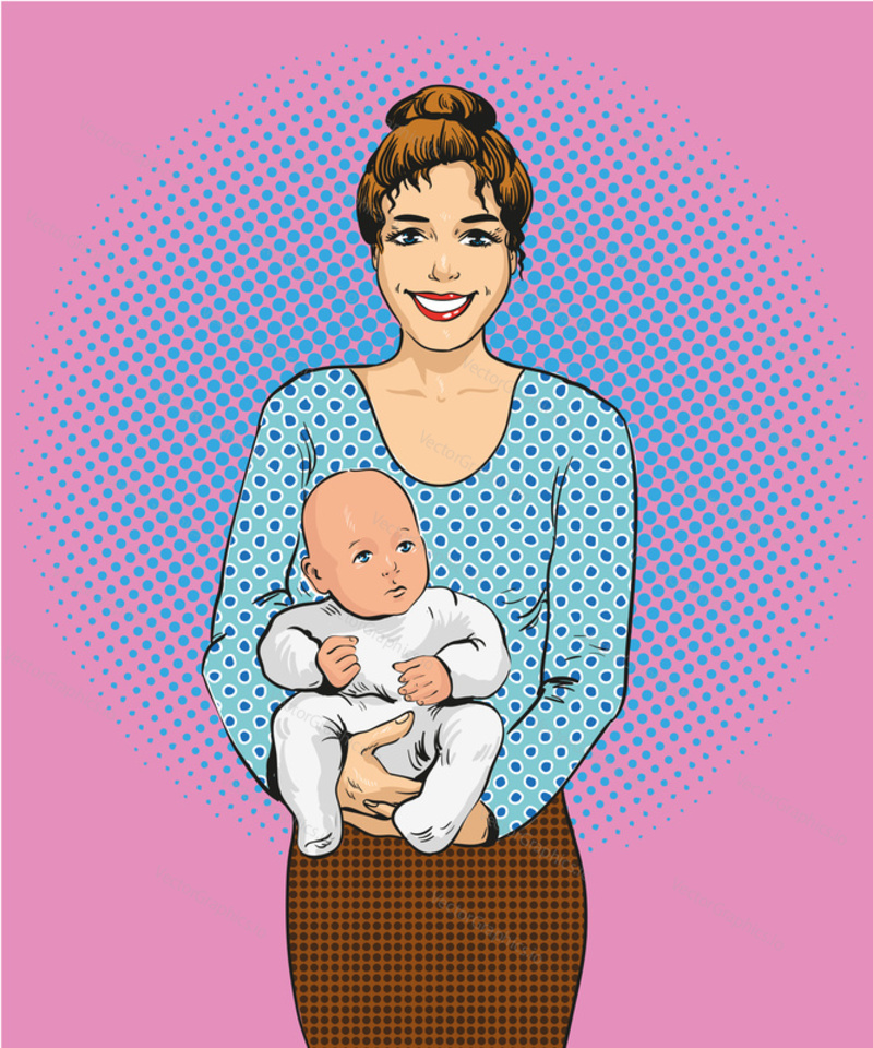 Woman holding a child vector illustration in retro pop art style. Mother with her kid comic design poster.