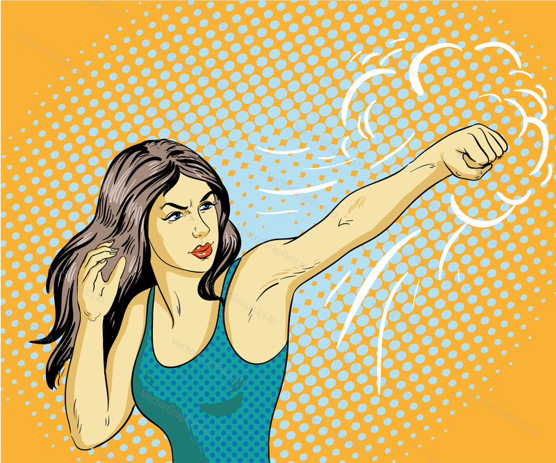 Young beautiful business woman punching and boxing. Concept vector poster in retro comic pop art style.