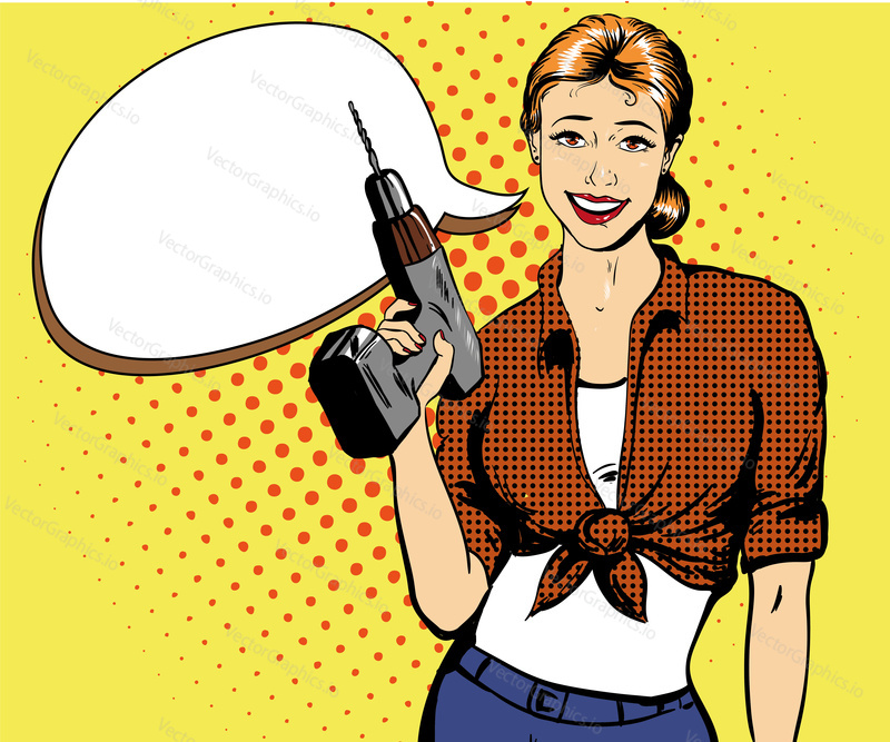 Žena s vrtačkou vektorové ilustrace v retro komické pop art stylu. Dívka s hardwarovým elektrickým nářadím. Žena s bublinou řeči.