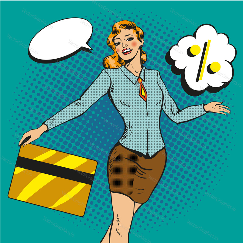Vector illustration of woman holding credit card in retro pop art comic style. Speech bubble. Shopping with bank card, discounts concept design element.
