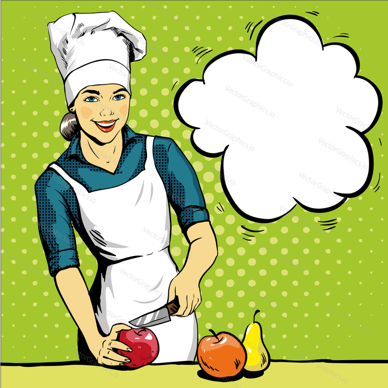 Beautiful woman cooking. Vector illustration in retro pop art style. Female chef in uniform. Restaurant concept.