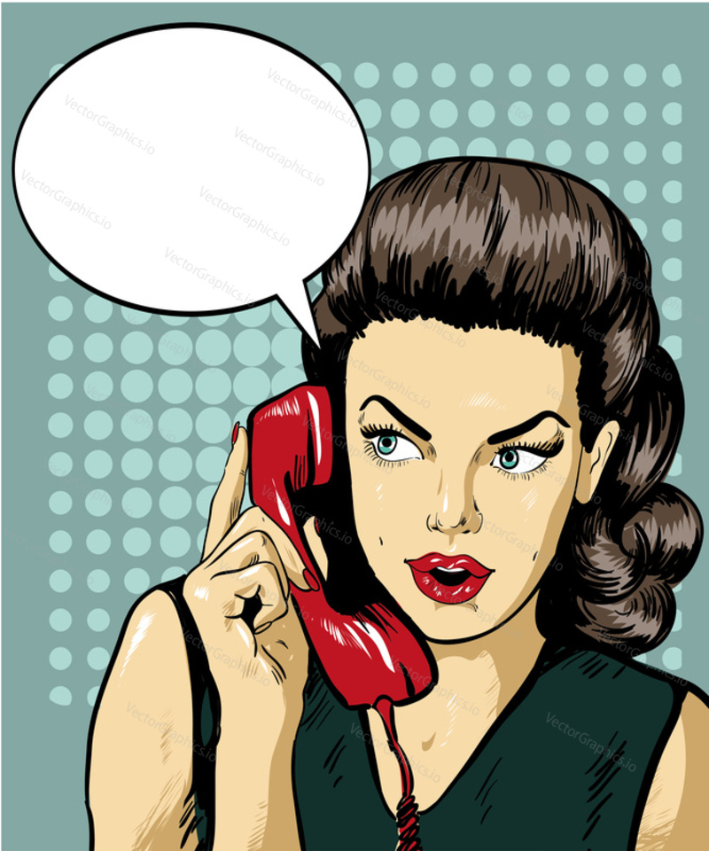 Žena mluví po telefonu s bublinou řeči. Vektorová ilustrace v retro komiksovém pop art stylu.