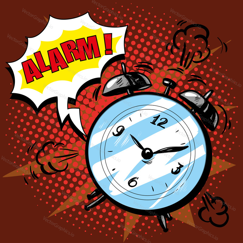 Budík zvoní, aby se ráno probudil. Vektorová ilustrace v retro komiksovém pop art stylu. Alarm text bublina. Dobré ráno.