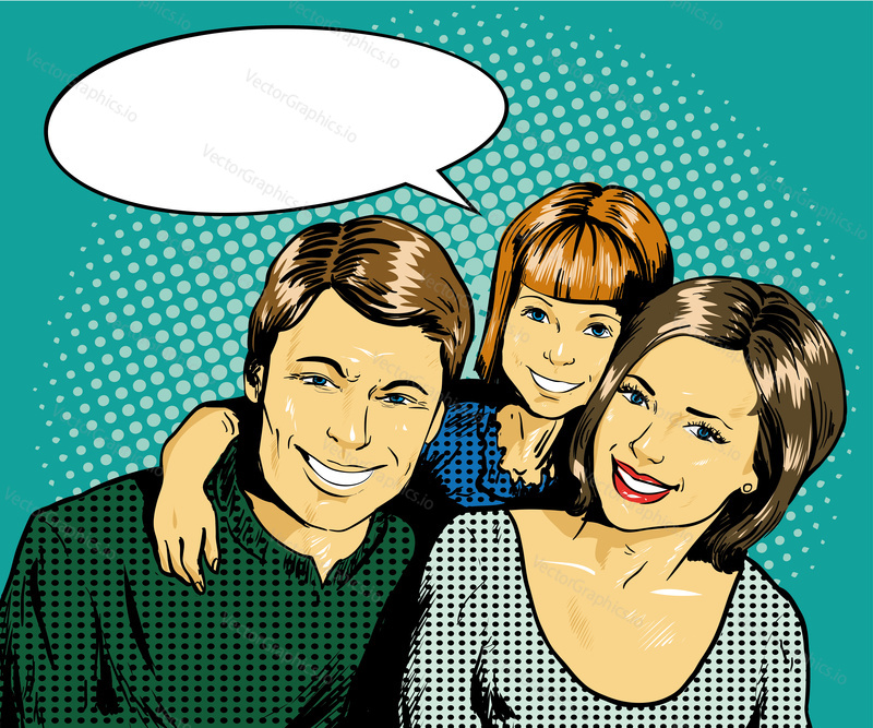 Happy family with kid. Vector illustration in retro comic pop art style. Concept of family.