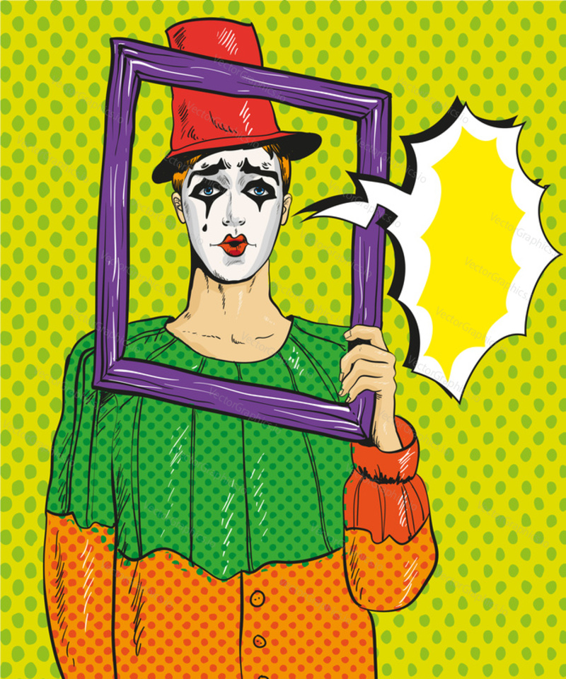 Vektorová ilustrace Pierrota s rámečkem obrazu a bublinou řeči. Muž v kostýmu Pierrota v retro pop artovém komiksovém stylu.