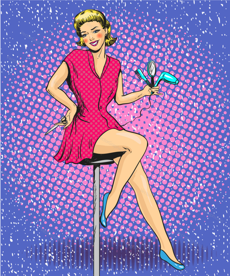 Vector illustration of smiling woman sitting on chair and holding scissors, combs and hair dryer. Hairdresser in retro pop art comic style.