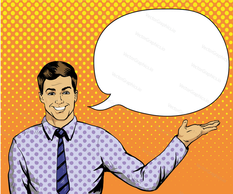 Man with speech bubble in retro pop art style. Comic vector illustration.