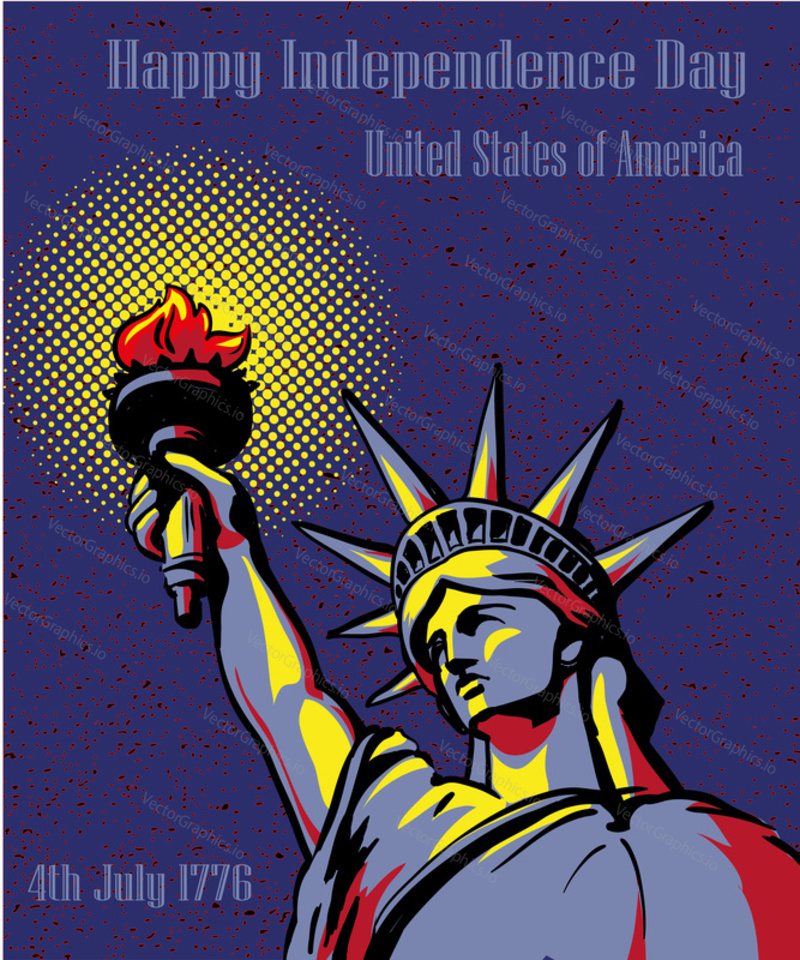 Šťastný Den Nezávislosti 4 Červenec. Koncept plakátu US holidays. Vektorová ilustrace ve stylu retro pop art. Americká Socha Svobody.