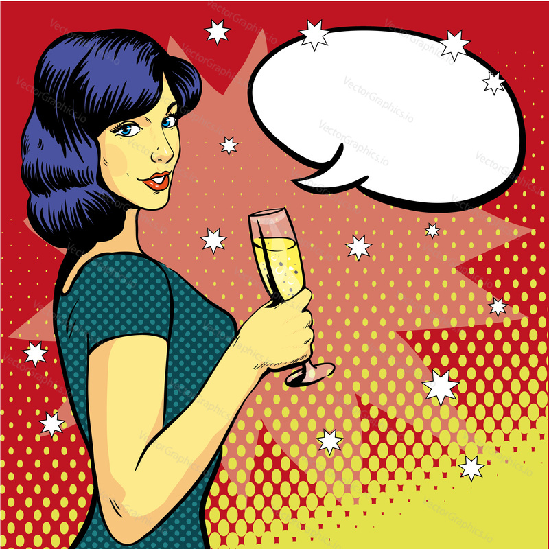 Woman with wine glass in pop art retro style. Comic vector illustration, girl with speech bubble. Beautiful woman drinking wine from a glass. Party celebration.