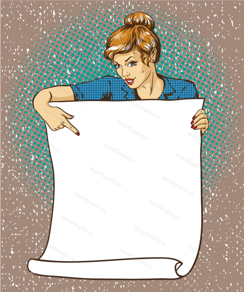 Woman holds blank white paper poster. Pop art comic retro style vector illustration. Put your own text template.