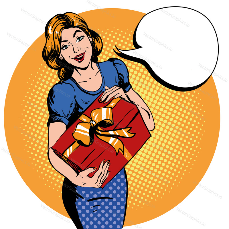 Woman hold gift box. Thank you speech bubble. Vector illustration in retro comic pop art style. Beautiful girl with christmas or birthday gift.