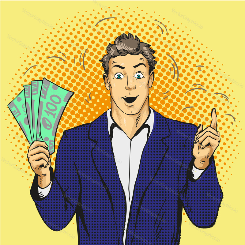Bohatý pohledný chlap držet peníze a ukázat prstem nahoru. Obchodní a finanční koncept vektorové ilustrace v retro komiksovém stylu pop art.