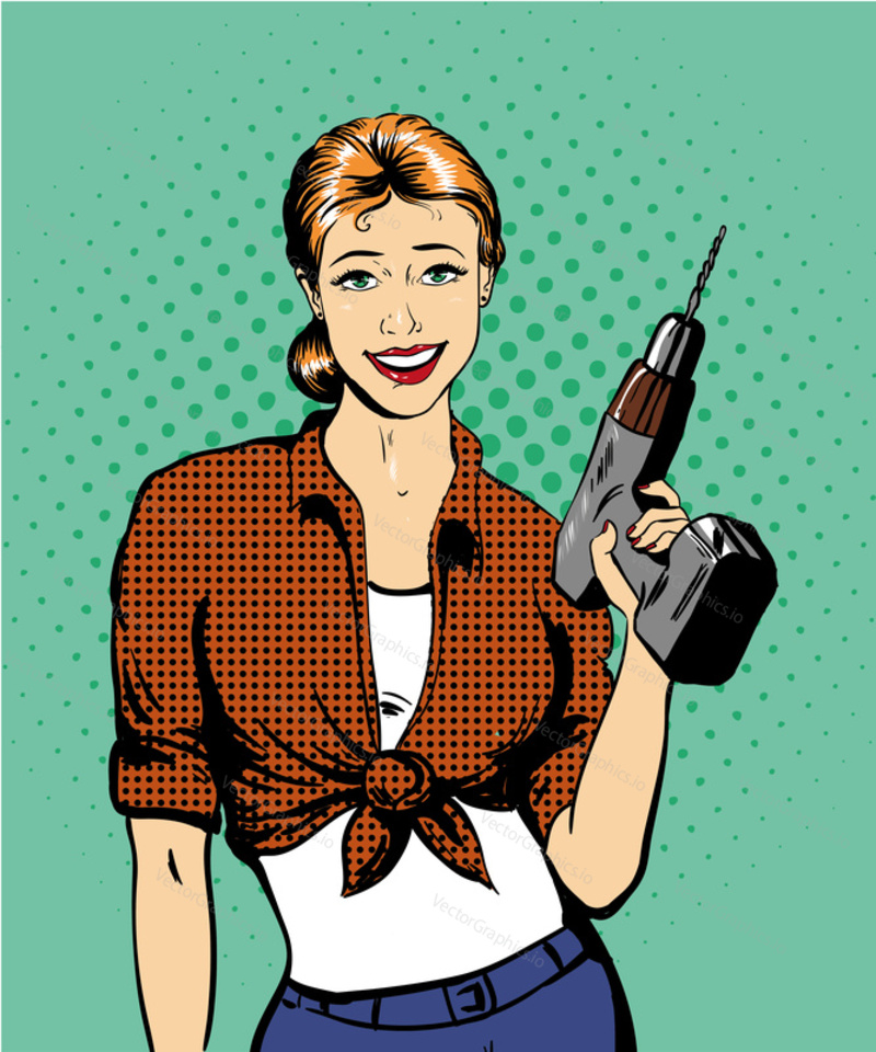 Žena s vrtačkou vektorové ilustrace v retro komické pop art stylu. Dívka s hardwarovým elektrickým nářadím.