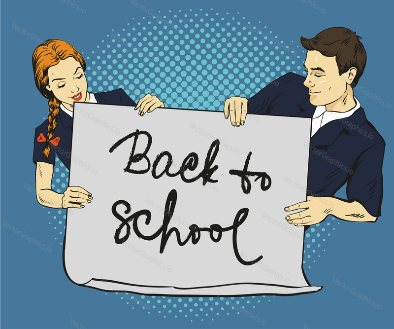 School boy and girl hold blank white paper poster. Vector illustration in comic pop art style. Put your own text.