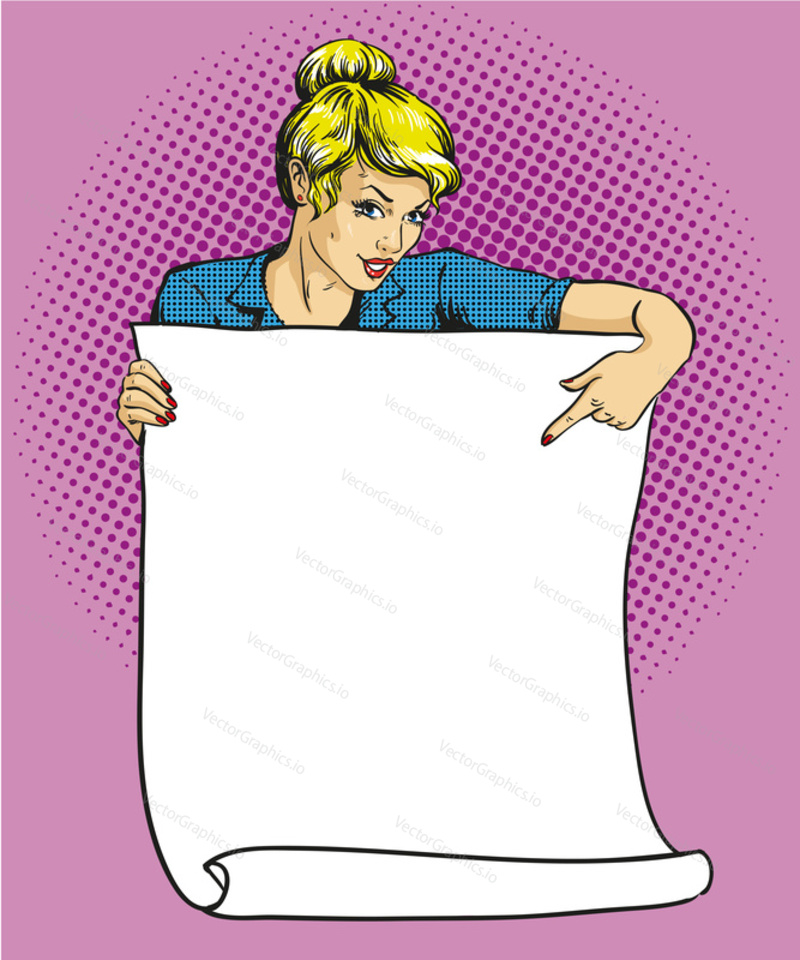 Woman holds blank white paper poster. Pop art comic retro style vector illustration. Put your own text template.