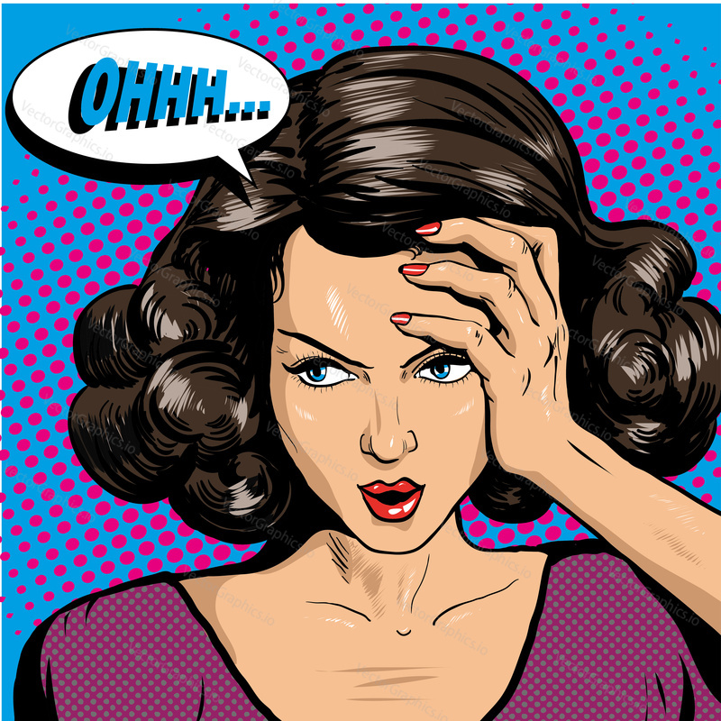 Woman in pop art retro comic style. Woman Oh emotional reaction speech bubble.