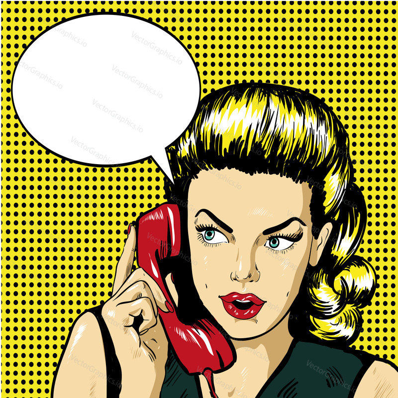 Žena mluví po telefonu s bublinou řeči. Vektorová ilustrace v retro komiksovém pop art stylu.