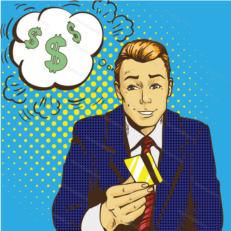 Man holding credit card vector illustration in retro pop art style. Shopping with bank cards concept.