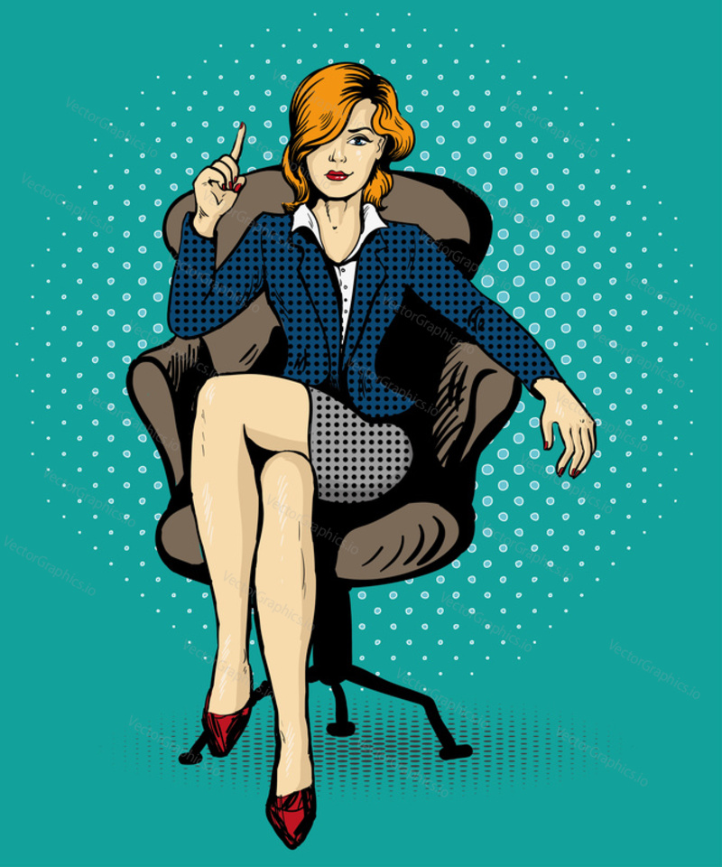 Successful business woman sit in chair vector illustration in comic pop art style.