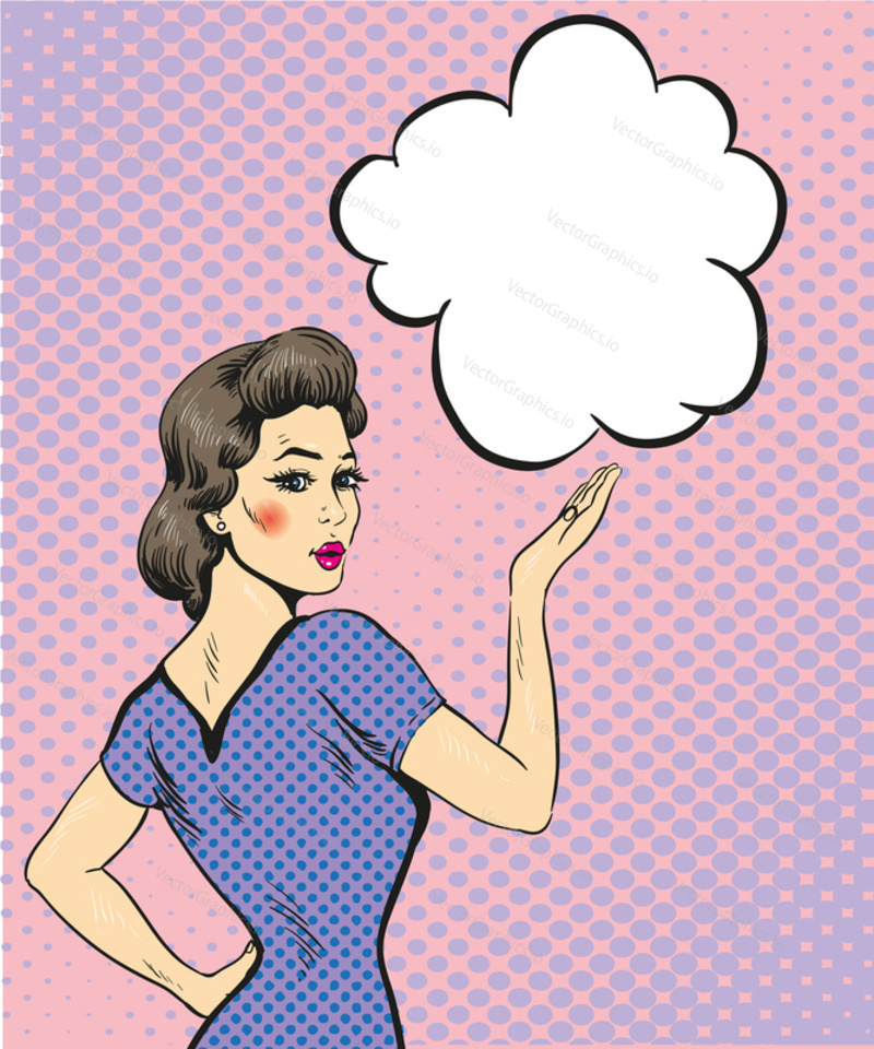 Pop art retro style woman point hand sign with speech bubble. Comic hand drawn design vector illustration.