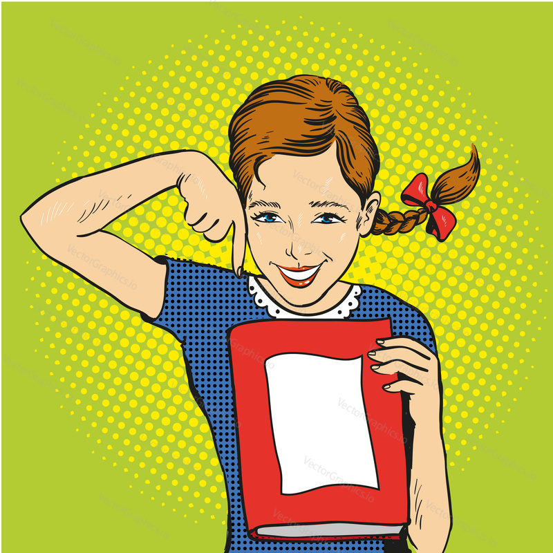 Happy girl hold a book in her hands. Vector illustration in comic retro pop art style. Back to school concept template.
