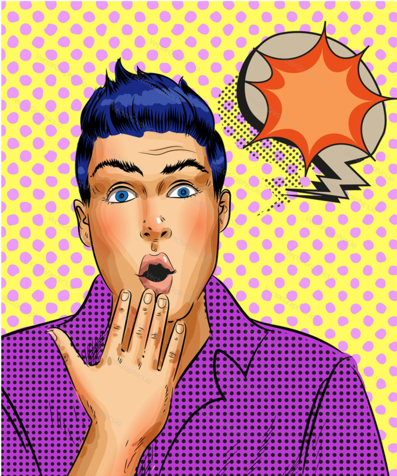 Vector illustration of young man with open mouth and fingers on lips. Surprised man in retro pop art comic style.