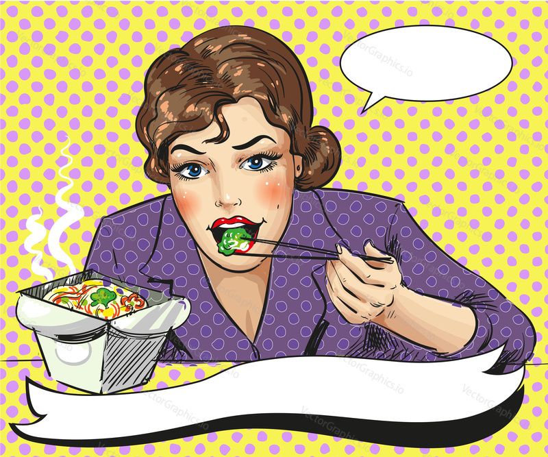 Vector illustration of woman eating takeout food with chopsticks. Fast food chinese restaurant template in retro pop art comic style.