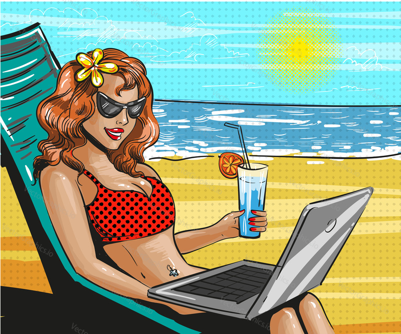Vector illustration of woman in swimsuit and sun glasses relaxing at the seaside. Beautiful girl with cocktail using laptop. Beach holiday poster in retro pop art comic style.