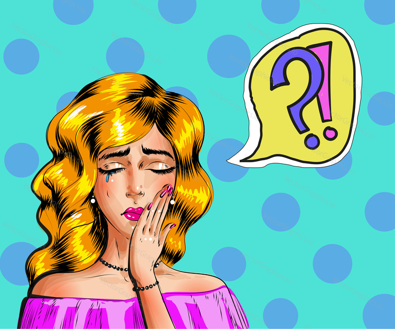 Vector vintage pop art illustration of crying woman and speech bubble with question and exclamation marks. Depression, sadness, pain concept in retro pop art comic style.
