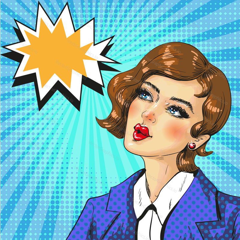 Vector illustration of beautiful young woman dreaming, thought bubble. Retro pop art comic style.