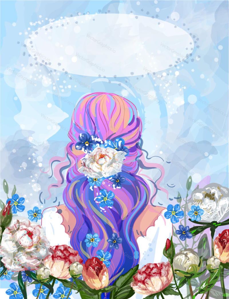 Vector illustration of young girl standing back and peony, forget-me-nots flowers around her in retro pop art comic style.