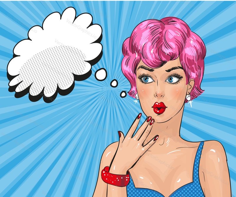 Vector illustration of beautiful pin up wonder girl, speech bubble. Pretty young woman with pink hair in retro pop art comic style.