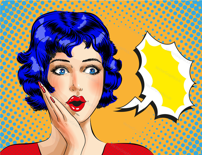 Vector illustration of beautiful pin-up wonder girl, speech bubble. Surprised woman in retro pop art comic style.