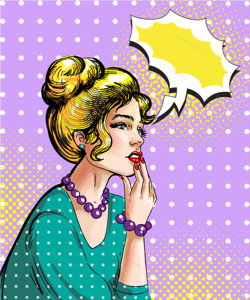 Vector illustration of beautiful young woman dreaming of being loved, thought bubble. Retro pop art comic style.